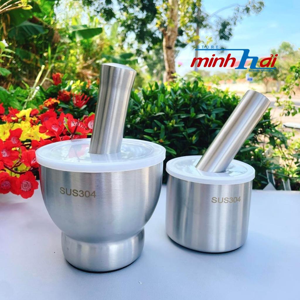 Bộ CỐI CHÀY INOX SUS 304 cao cấp, nặng tay - có nắp. Dụng cụ nhà bếp Chày giã nghiền thực phẩm tỏi tiêu ĐA NĂNG