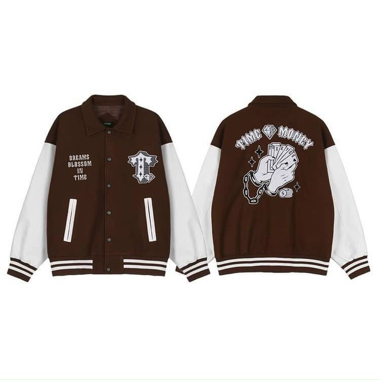 Áo khoác bomber, Varsity jacket Time n Money nam nữ màu Nâu, Áo khoác bomber jacket nam nữ phối Nâu 2 lớp, chất nỉ bông siêu đẹp, Áo Khoác Bomber Unisex Áo Varsity Jacket Nam Nữ Đen Phối Tay Trắng Form Rộng