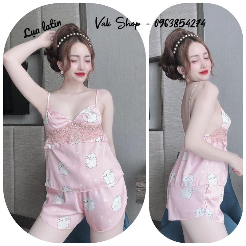 Đồ ngủ lụa latin 2 dây phối ren sexy hoạ tiết freesize 42-57kg