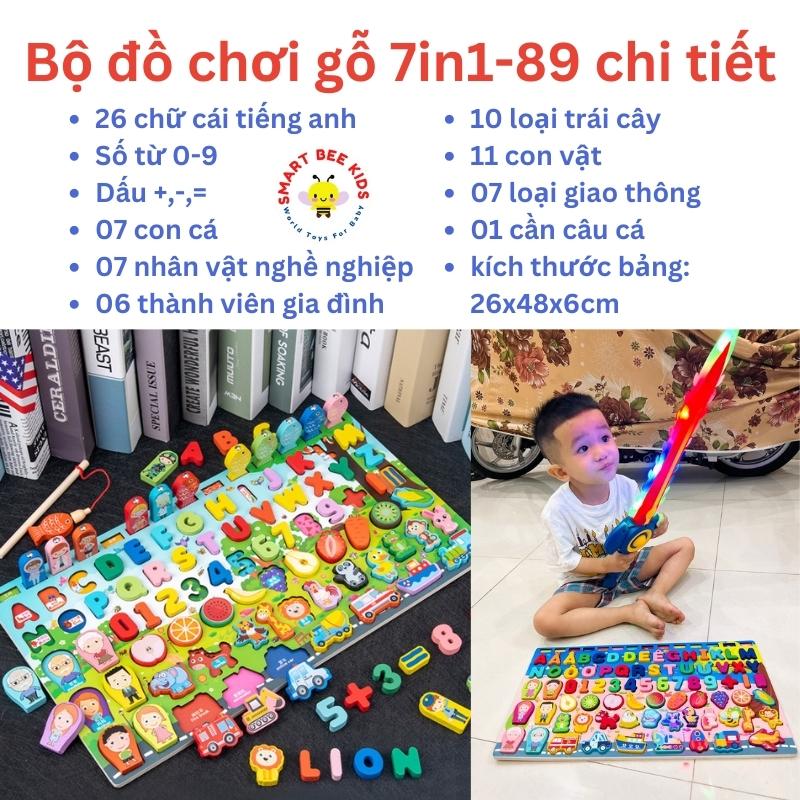 Đồ Chơi Gỗ Bảng Gỗ Đa Năng 7IN1 Câu Cá Kèm Ghép Hình Học Chữ Số Và Phương Tiện