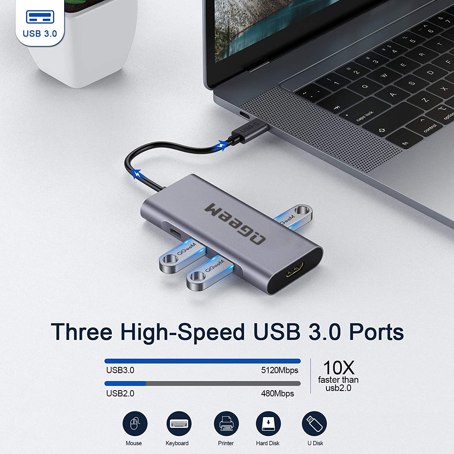 Bộ Hub USB C QGeeM 7 trong 1 4K Type C sang HDMI, 3 x USB 3.0, 1 x USB-C sạc nhanh PD 100w, 1 khe đọc thẻ SD&TF tương thích với MacBook Pro 13/15 (Thunderbolt 3), 2018 Mac Air, Chromebook Type C Adapter - Hàng Chính Hãng