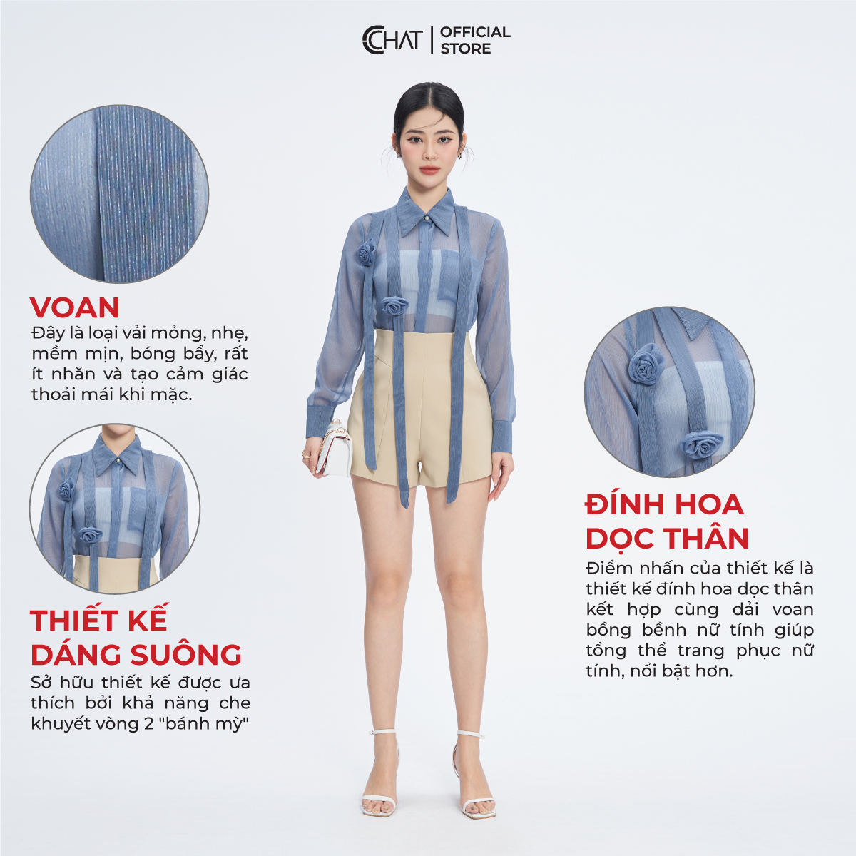 Áo Sơ Mi Nữ  Suông Hoa Thân Trước Trước Chất Liệu Voan Cao Cấp 13FDV2014ST