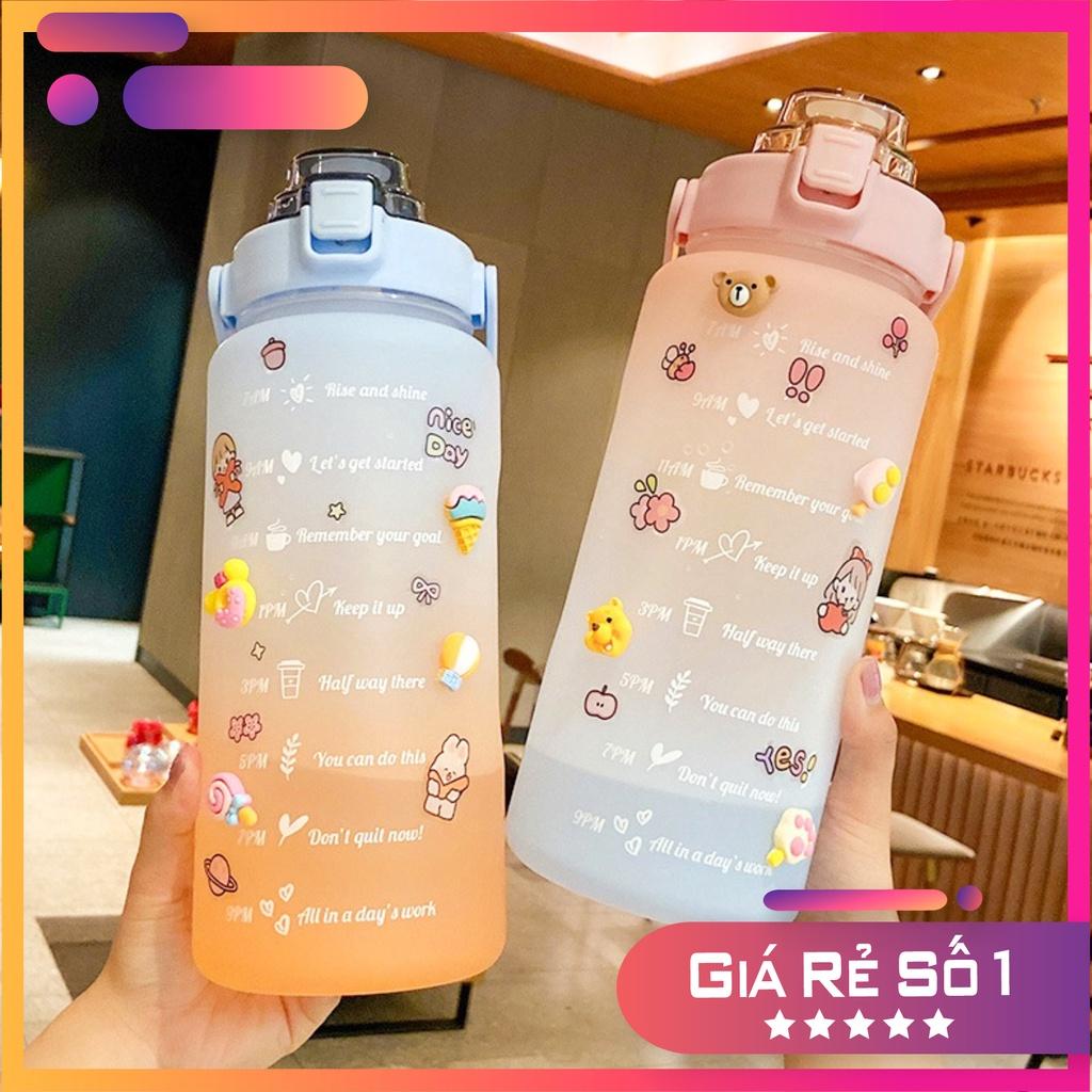 (Tặng sticker) Bình nước 2 lít dành cho người lười uống nước bình nước cute 2L có ống hút, vạch chia nhắc giờ