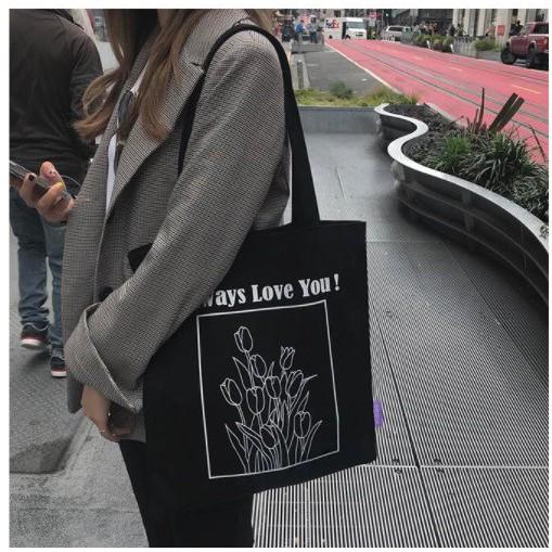 Túi tote vải canvas ALWAY LOVE YOU phong cách Hàn quốc, có khóa miệng ngăn phụ bên trong tiện dụng-Haka store