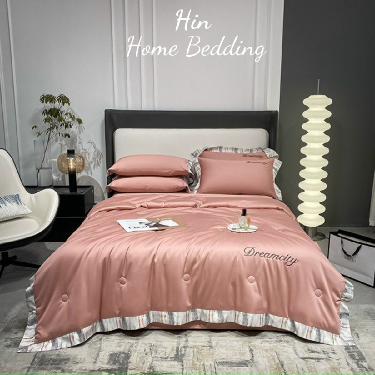 Bộ Chăn Ga Gối Đệm 5 Món Chăn Bông Hin Home Bedding Drap Giường Lụa Mẫu Hồng