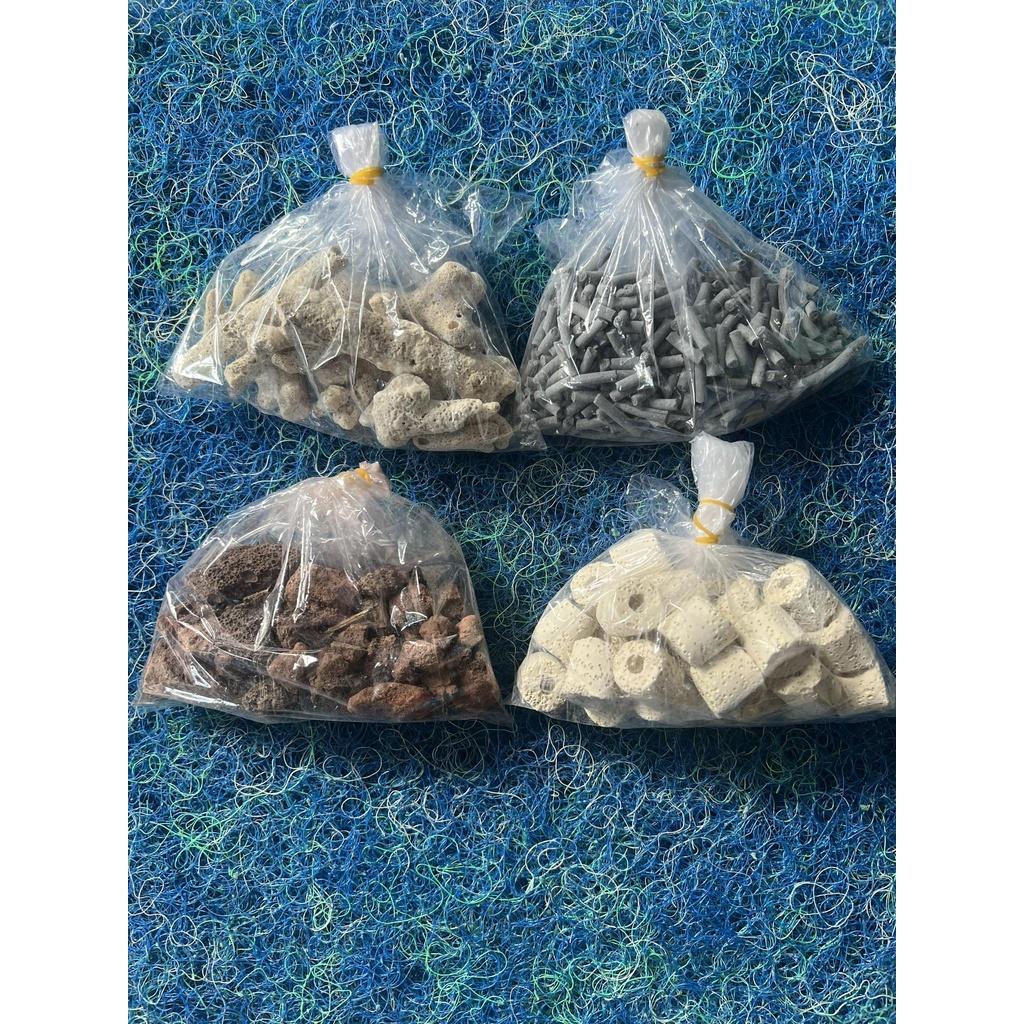 Combo 500gr 4 Loại Vật Liệu Lọc Hồ Cá: Than Hoạt Tính - Sứ Trắng - San Hô - Nham Thạch