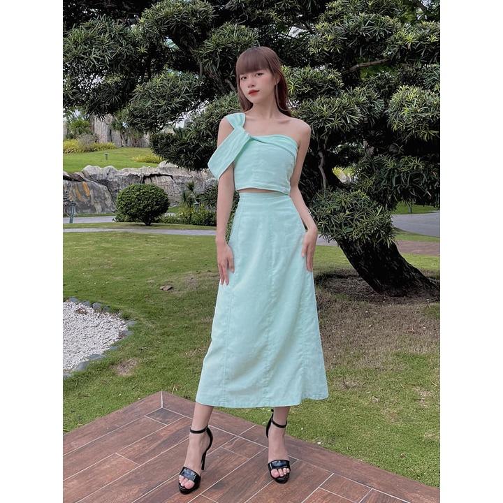 Set áo rớt vai kèm chân váy Linen màu xanh mint