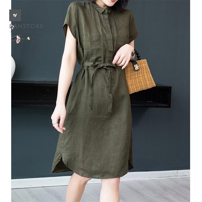 Đầm suông linen cổ đức bổ trụ 2 túi ốp ngực LAHSTORE phong cách Hàn Quốc