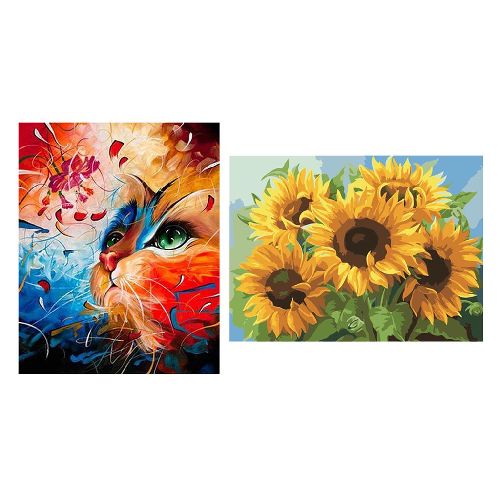 2 Set Oil Painting Paint by Number Kits for Kids Adults - Cats and Sunflower
