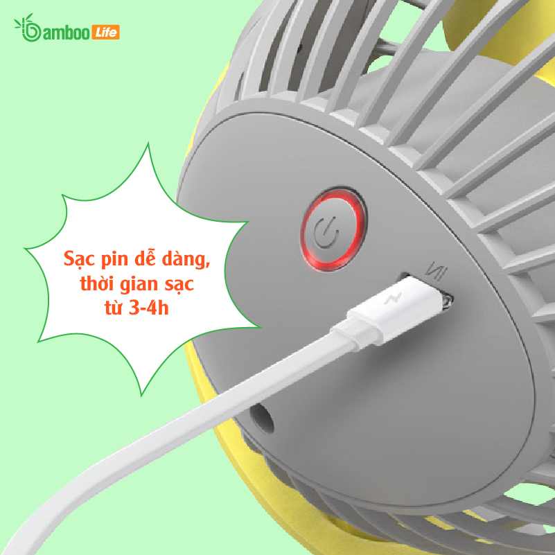 Quạt mini, quạt tích điện để bàn cầm tay Bamboo Life chính hãng dung lượng pin 4000mAh xoay 360 độ sạc pin kẹp nôi kẹp xe đẩy cho bé