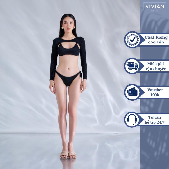 Đồ bơi nữ cao cấp dạng hai mảnh áo chữ U phối áo cover tay dài sexy - Đen - VS180_BL