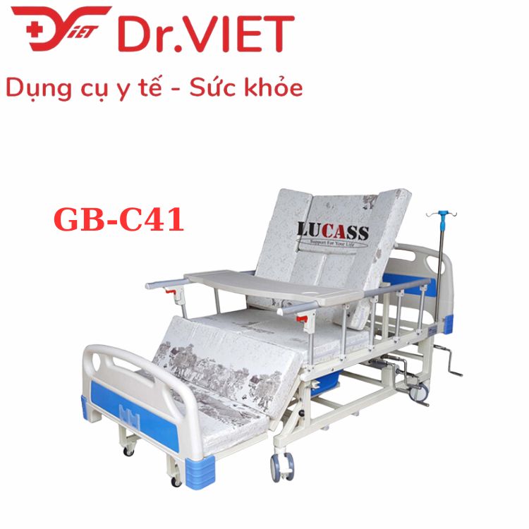 Giường Y Tế Đa Năng 4 Tay Quay LUCASS GB-C41 (GB-T41) Chính Hãng - Nâng Chân, Nâng Lưng, Nâng Đầu, Có Bàn Ăn