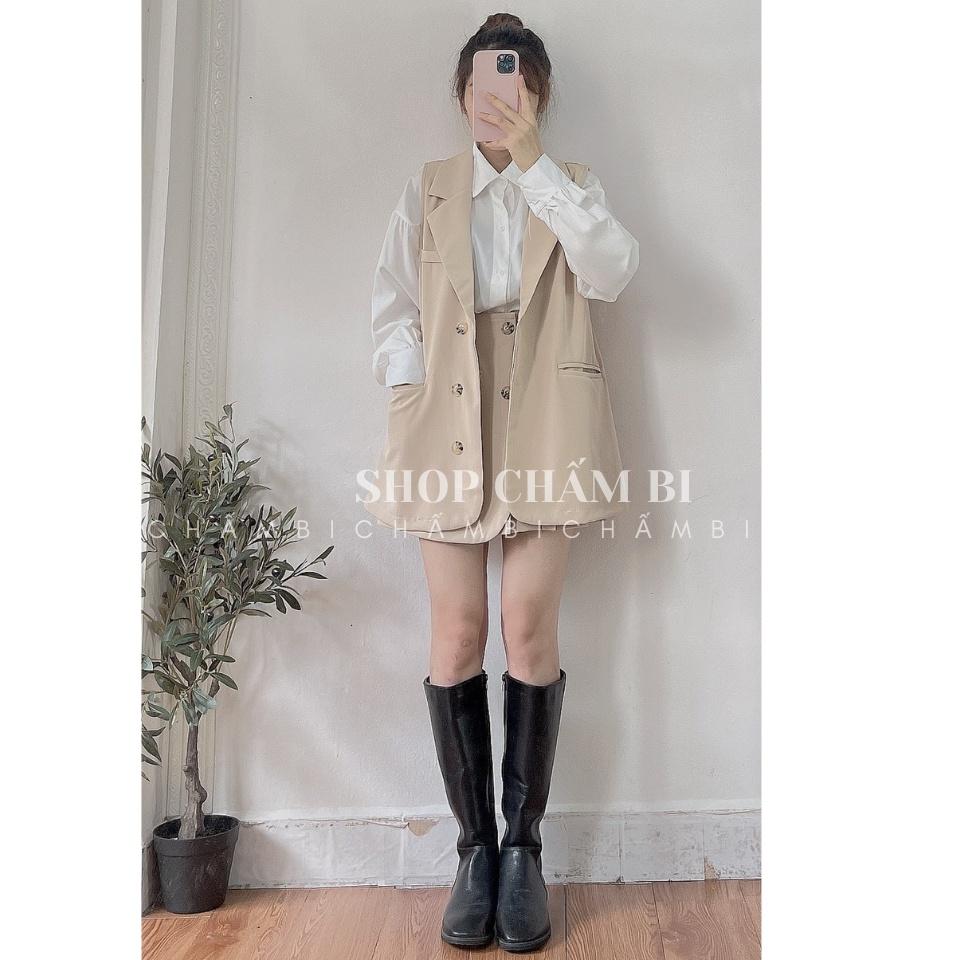 Set bộ đi chơi S.064, Set áo gile cổ vest form rộng cùng chân váy xếp ly cách điệu phong cách Hàn Quốc