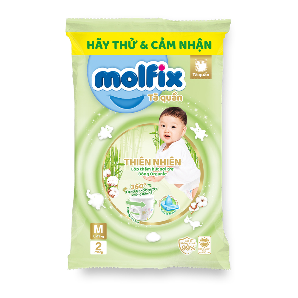 Mẫu thử Tã bỉm quần Molfix Thiên nhiên M (6kg - 11kg) - Gói 2 miếng