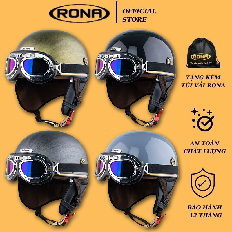 Mũ bảo hiểm xe máy nửa đầu Rona Pug kèm kính phi công viền bạc, nón xe máy nam nữ freesize