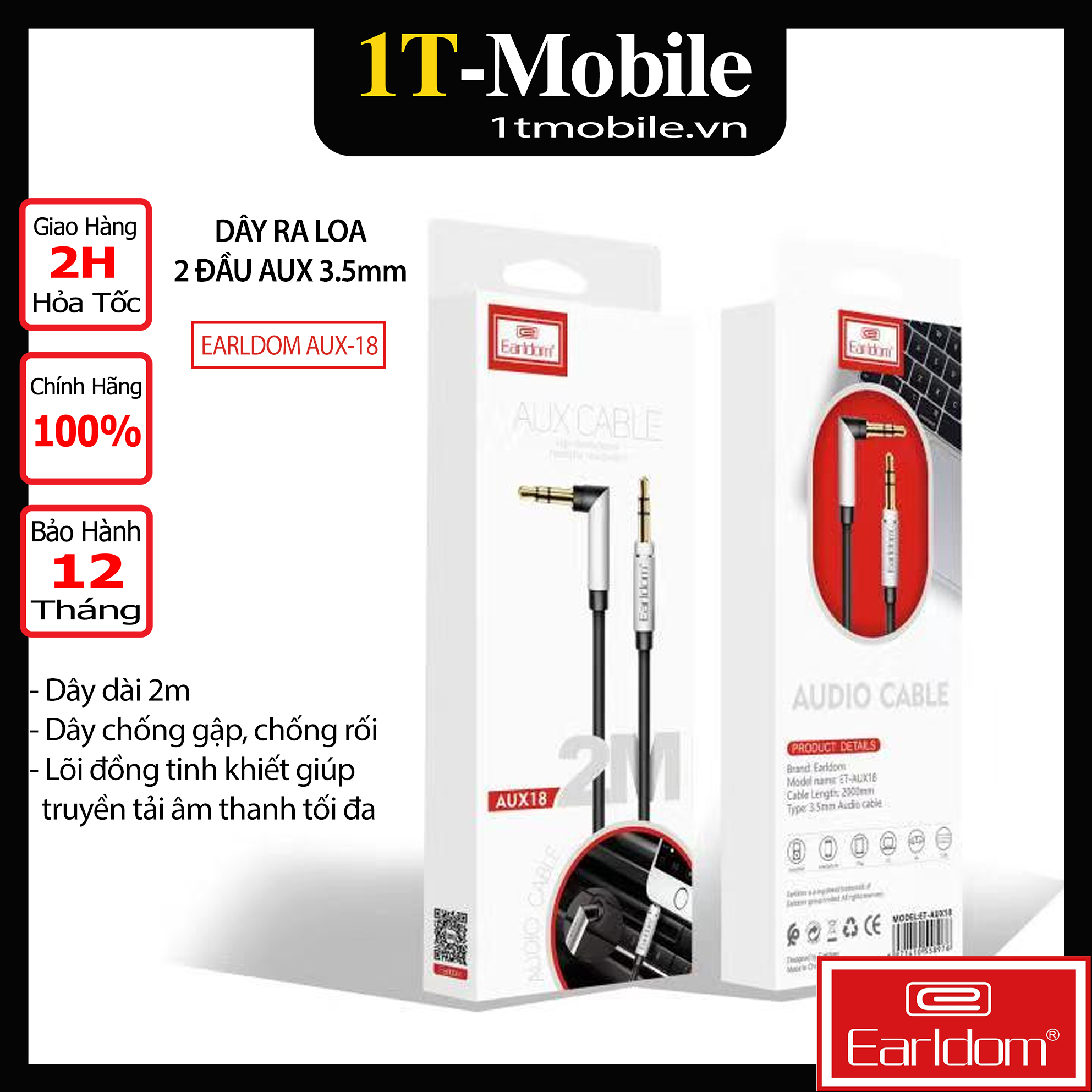 Dây Ra Loa Hai Đầu 3.5mm Earldom AUX-18 - Hàng Chính Hãng