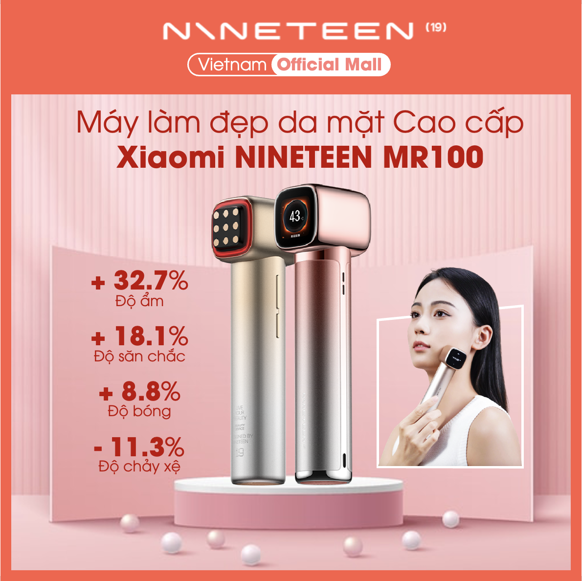 Máy làm đẹp da mặt Cao cấp Xiaomi NINETEEN - Công nghệ tần số vô tuyến RF Collagen Harmer chống lão hoá