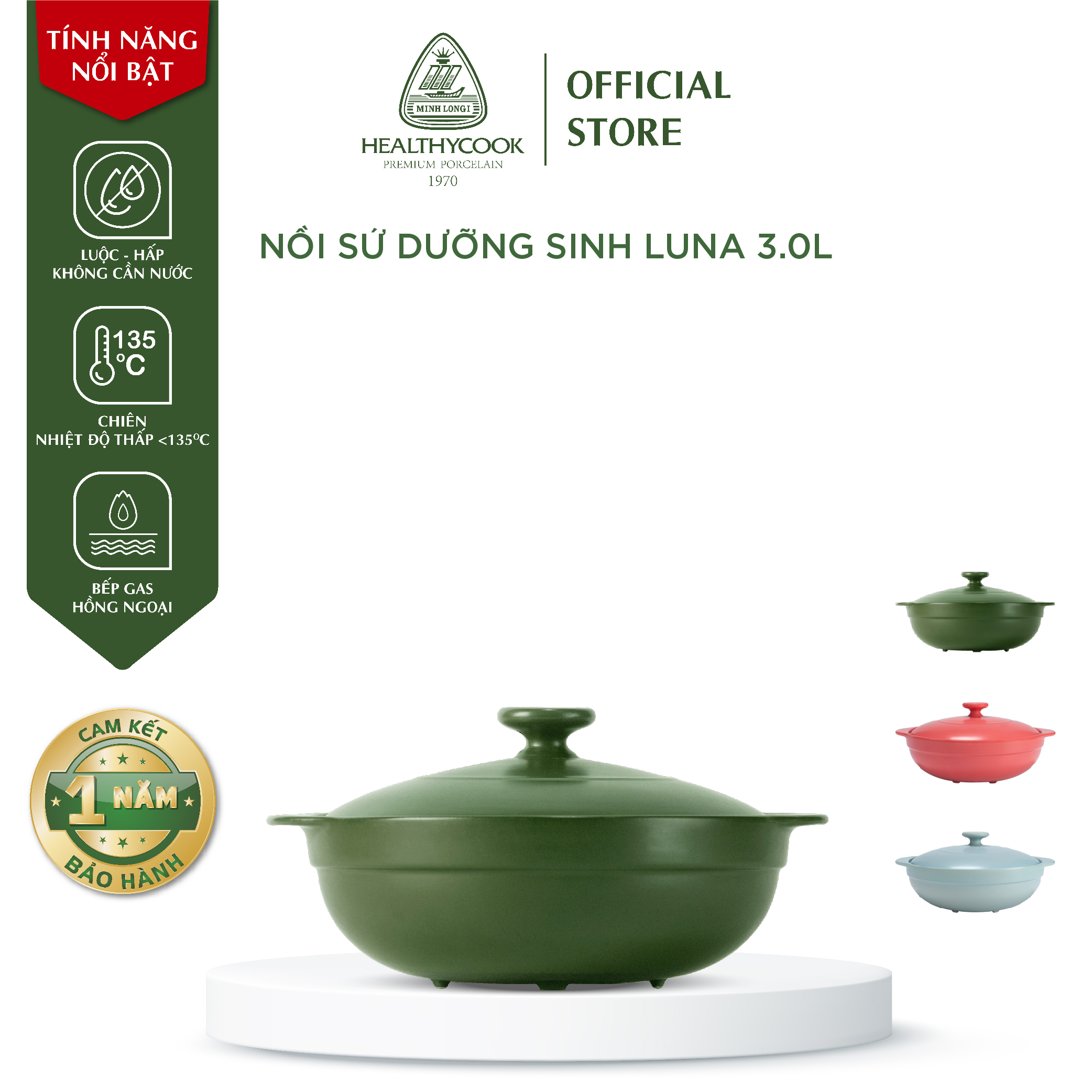 Nồi Sứ Dưỡng Sinh Minh Long Healthy Cook Luna 3.0 L - Dùng Cho Bếp Gas, Bếp Hồng Ngoại