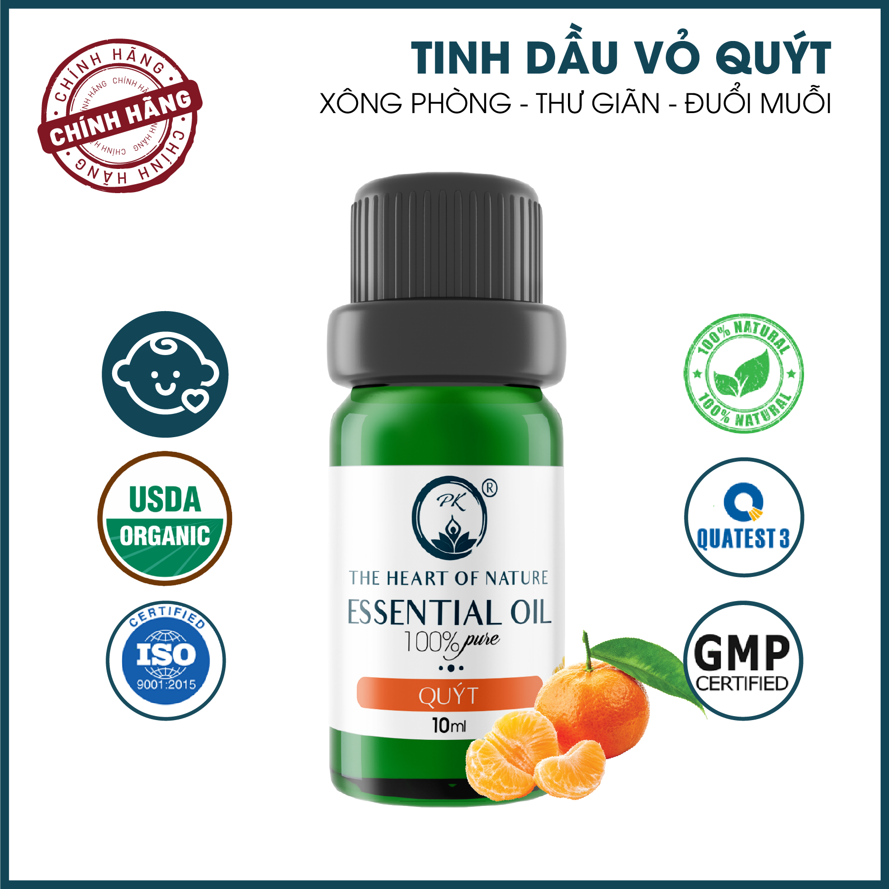 Tinh Dầu Cao Cấp Quýt PK 10ML - Tinh Dầu Quýt Thơm Phòng, Đuổi Muỗi, Thư Giãn - Chứng Nhận Hữu Cơ Organic FDA Hoa Kỳ duy nhất Việt Nam