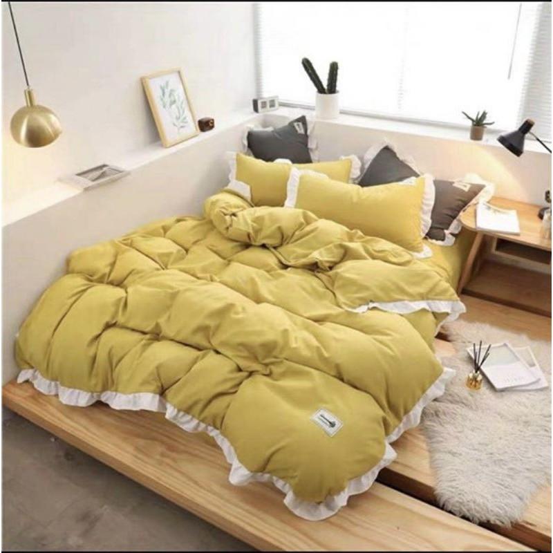 Sét 4 Món Chăn Ga Gối Cotton TC Viền Bèo Trắng Dài Pp3051