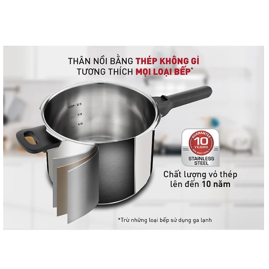 Nồi áp suất cơ inox Tefal Secure 5 Neo 6L - P2530750, dùng cho mọi loại bếp - Hàng chính hãng