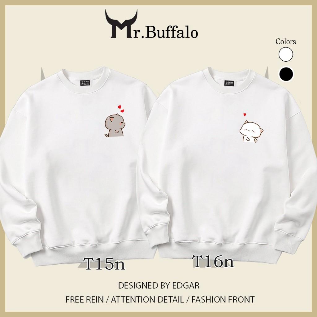 Áo Sweater cặp đôi Mèo mochii mini dễ thương Mr.Buffalo - T15n-Trắng