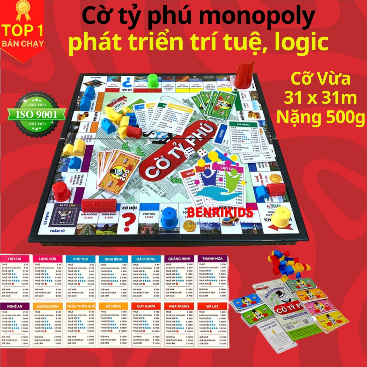Cờ tỷ phú Monopoly cao cấp bản Việt Nam cải tiến - Boardgame cờ tỷ phú vui nhộn kích thước 31x31 và 42x42 - Hàng chính hãng D Danido 