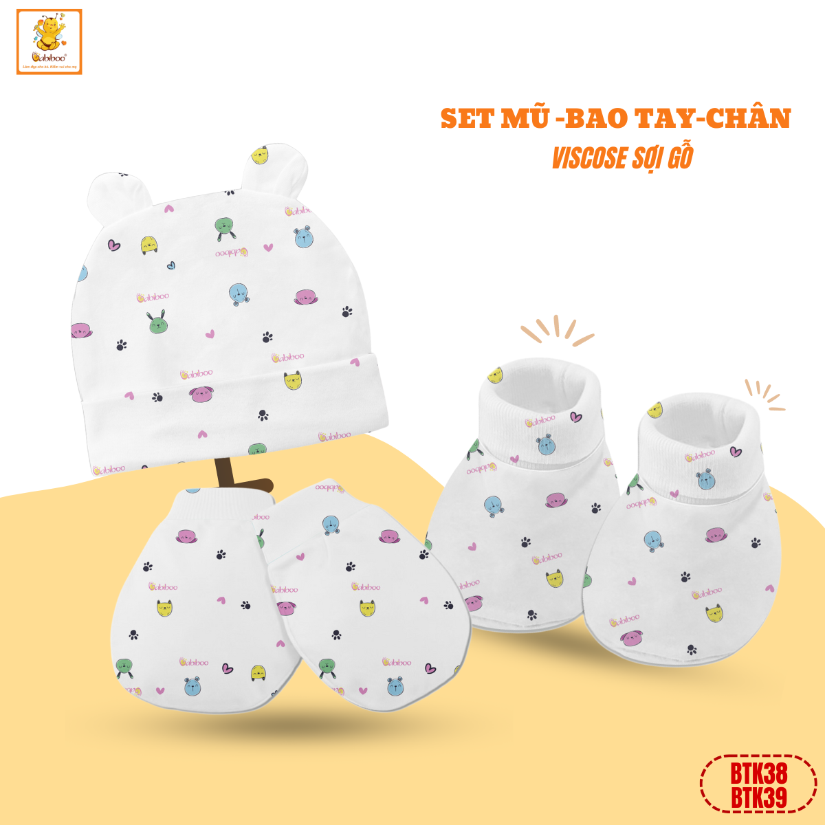 Set mũ, bao tay,bao chân cho bé Babiboo chất liệu viscose họa tiết xinh xắn, mềm mại BTK38 +BTK39