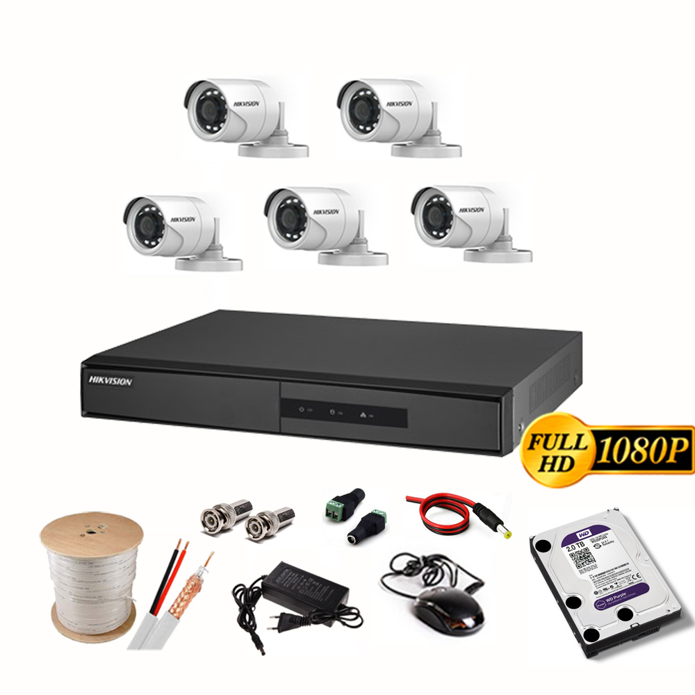 Trọn Bộ Camera Hikvision 2.0MP - FHD 1080P (5/6/7/8 Mắt 2.0MP) - HDD 2TB + Đầy đủ phụ kiện lắp đặt - Hàng chính hãng