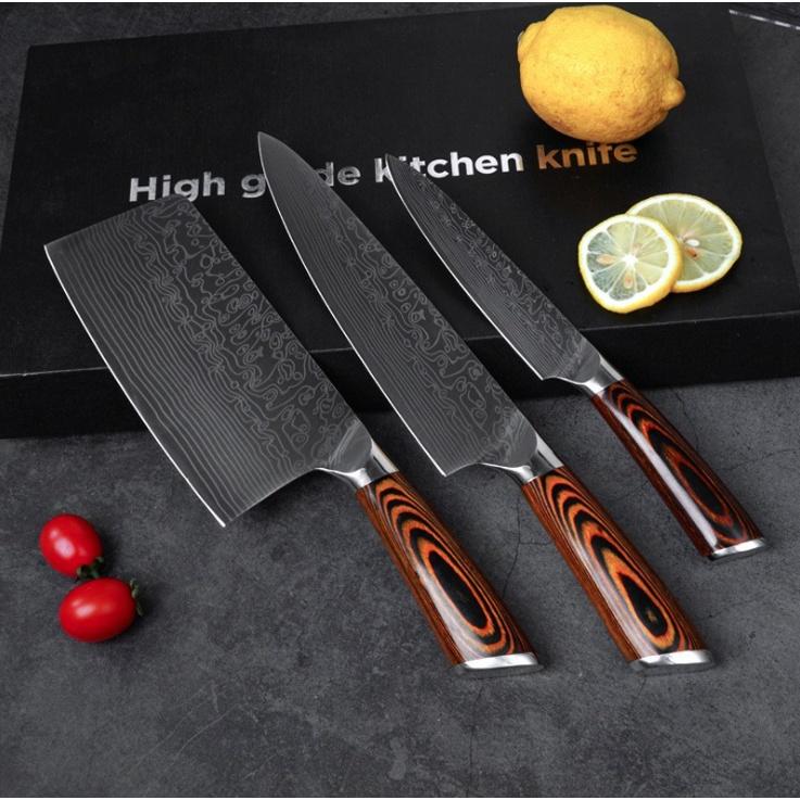 Bộ 3 Dao Nhà Bếp Nhật Khắc Vân Damascus Cao Cấp