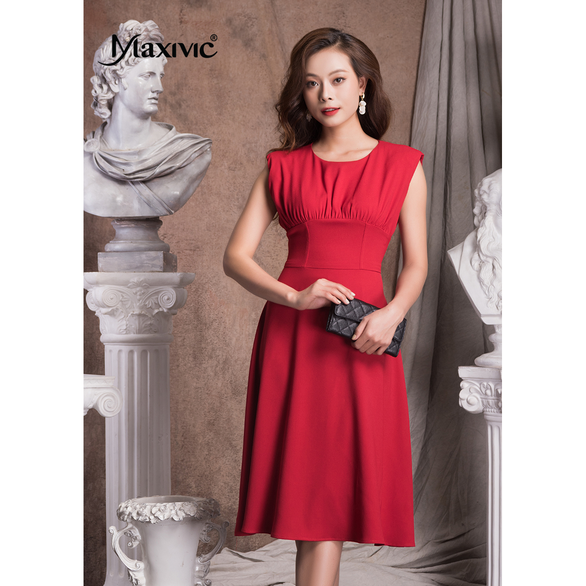 Đầm Sheath Lụa Cổ Nhún Tay Liền Maxivic M012306