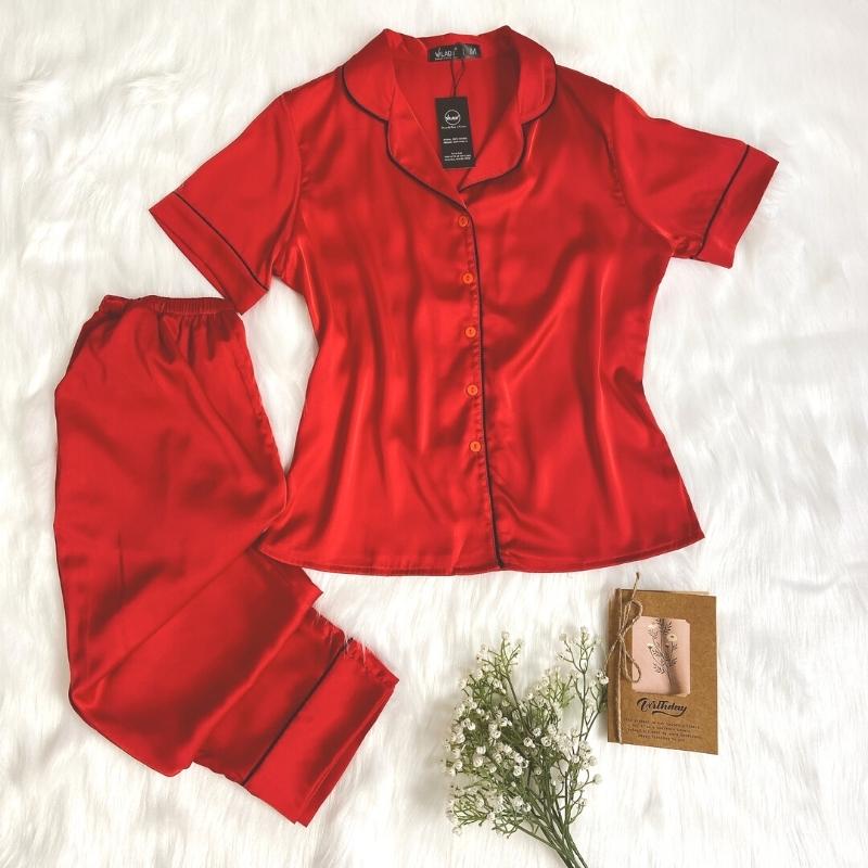 Đồ bộ pijama lụa, đồ mặc nhà nữ VILADY - B124 kiểu quần dài tay cộc họa tiết trơn, chất liệu lụa Pháp cao cấp - Màu đỏ