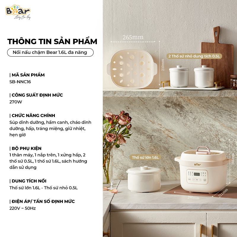 Nồi Nấu Cháo, Nấu chậm 1.6L Bear SB-NNC16 270W - Hàng chính hãng