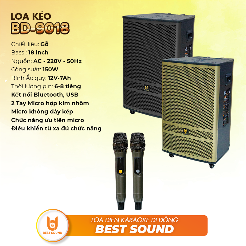 [ 2 MICRO KHÔNG DÂY UHF + REMOTE ] Loa Kéo Gỗ Bluetooth B&amp;D, Công Suất 150W, Bass 18 Inch - Hàng Chính Hãng