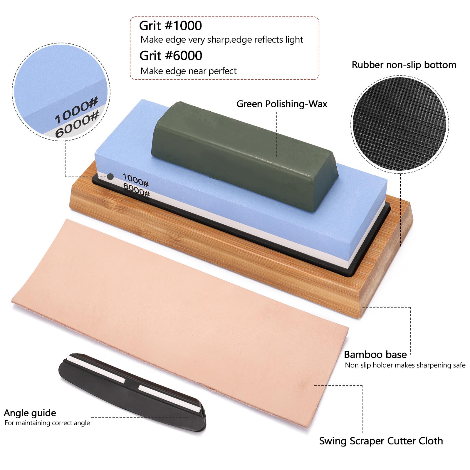 1000#/6000# Grit Premium Whetstone Cut Sharpening Stone Set Sharpener for All Blade Non Slip Base Cutter Sharpener