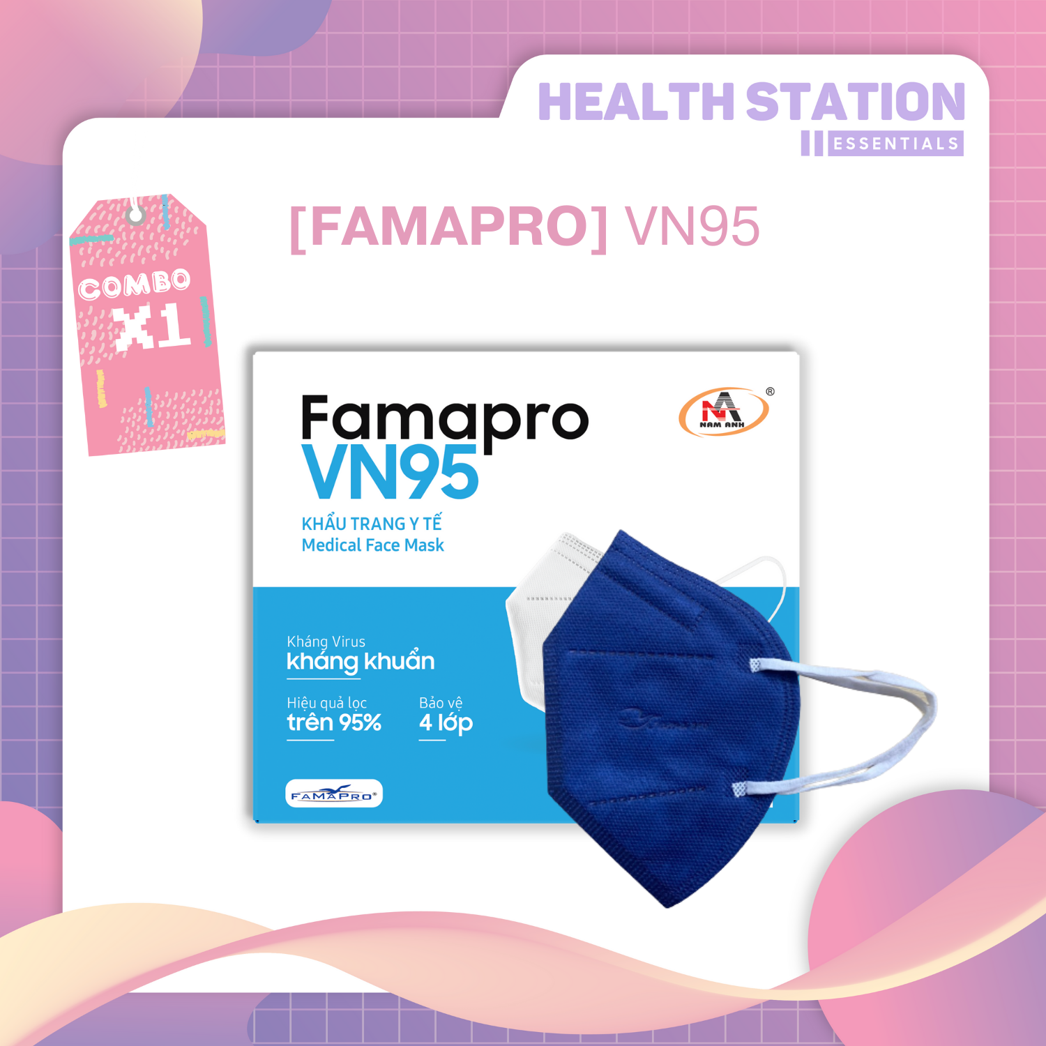 [COMBO 1 HỘP - FAMAPRO VN95] Khẩu trang y tế 4 lớp kháng khuẩn, lọc bụi đạt chuẩn N95 (10cái/ hộp