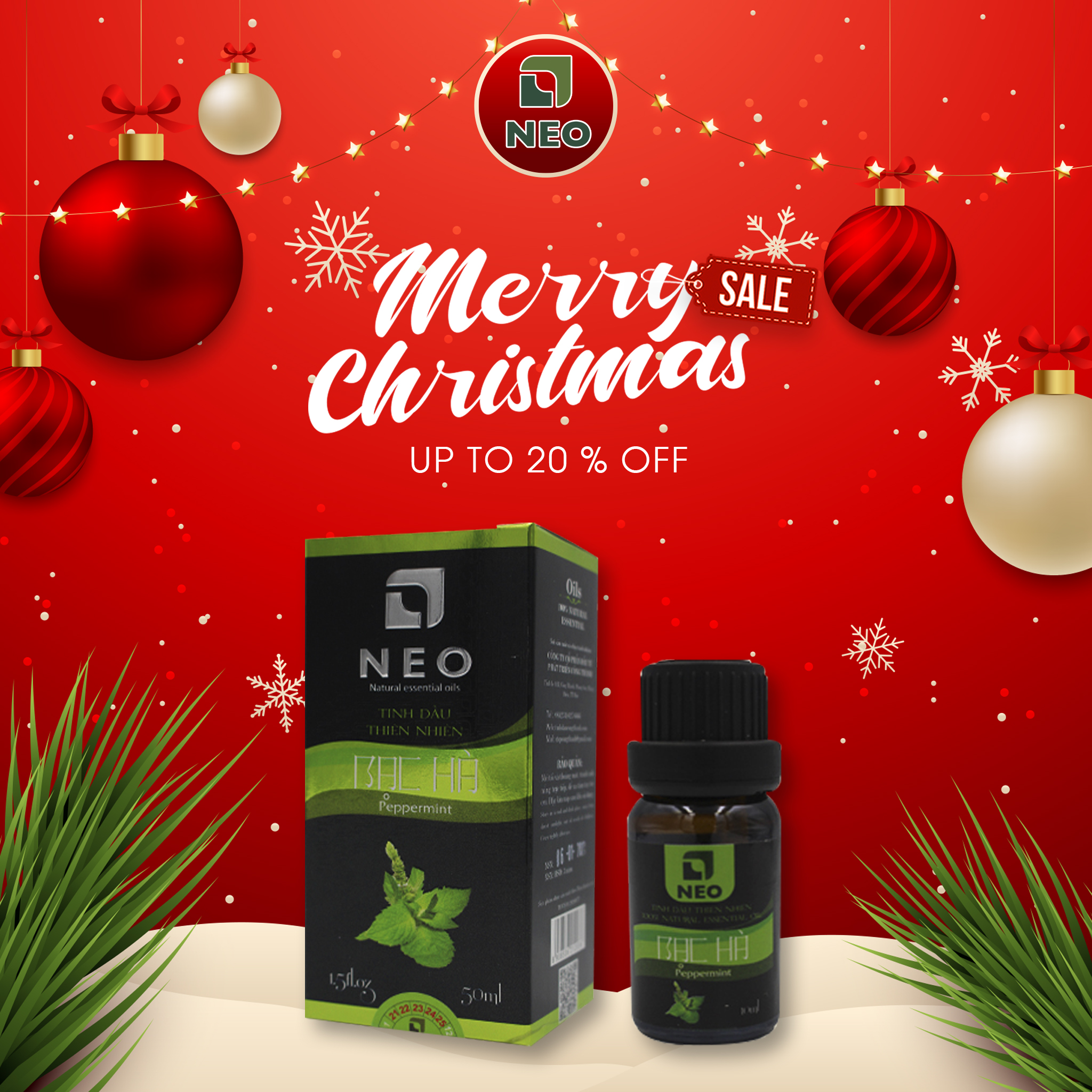 Tinh dầu Bạc Hà NEO - Nguyên chất 100%, chuẩn VietGAP, thanh mát thơm nhà, giúp giảm sổ mũi, tập trung tinh thần 10ml