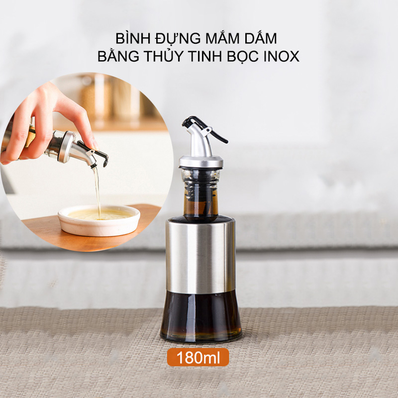 Lọ đựng nước mắm, dấm, dầu ăn và gia vị khác 180ml-300ml-500ml bằng thủy tinh bọc inox 304