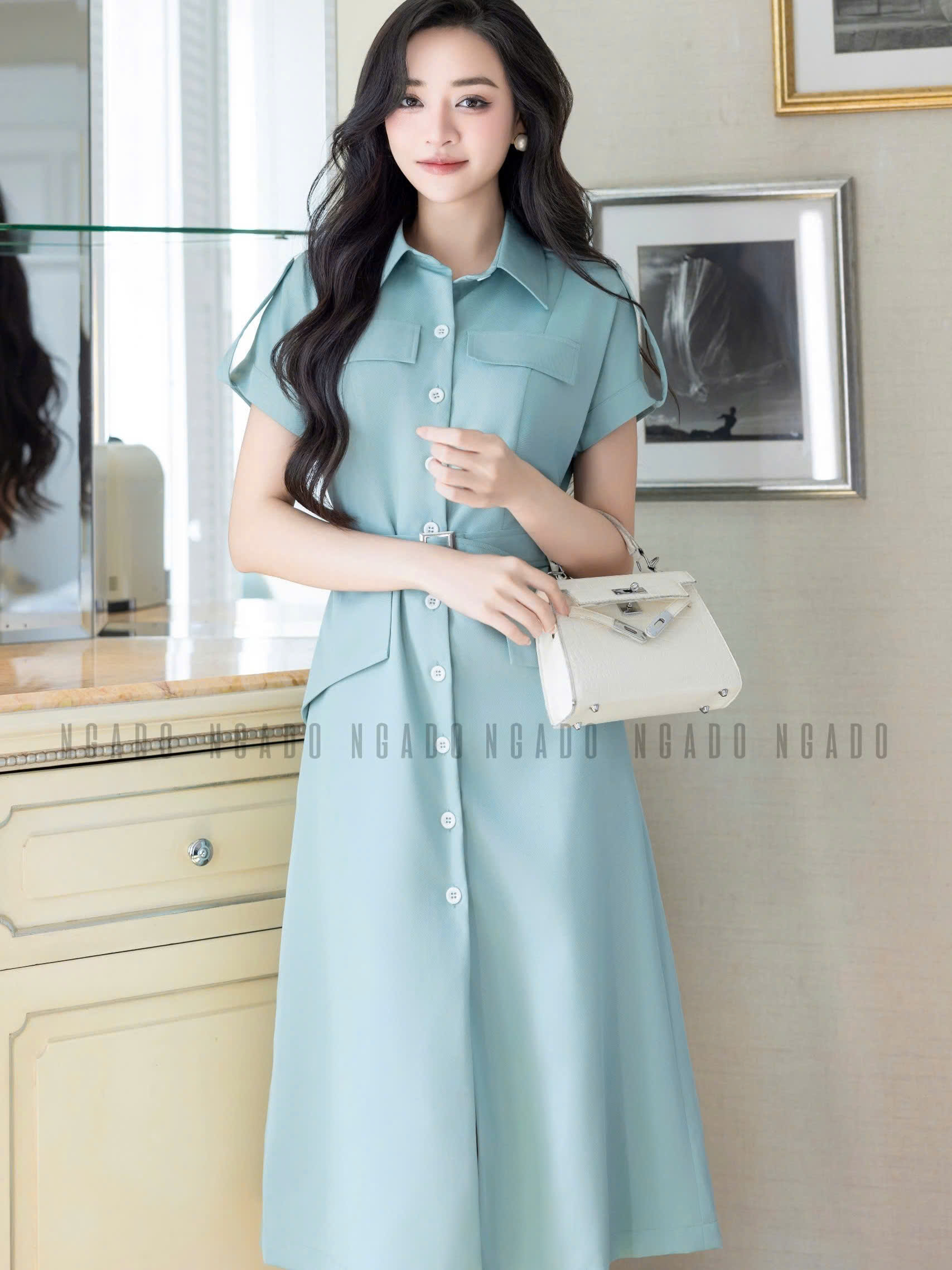 Đầm sơ mi xanh mint NGADO , đầm công sở , đầm dự tiệc