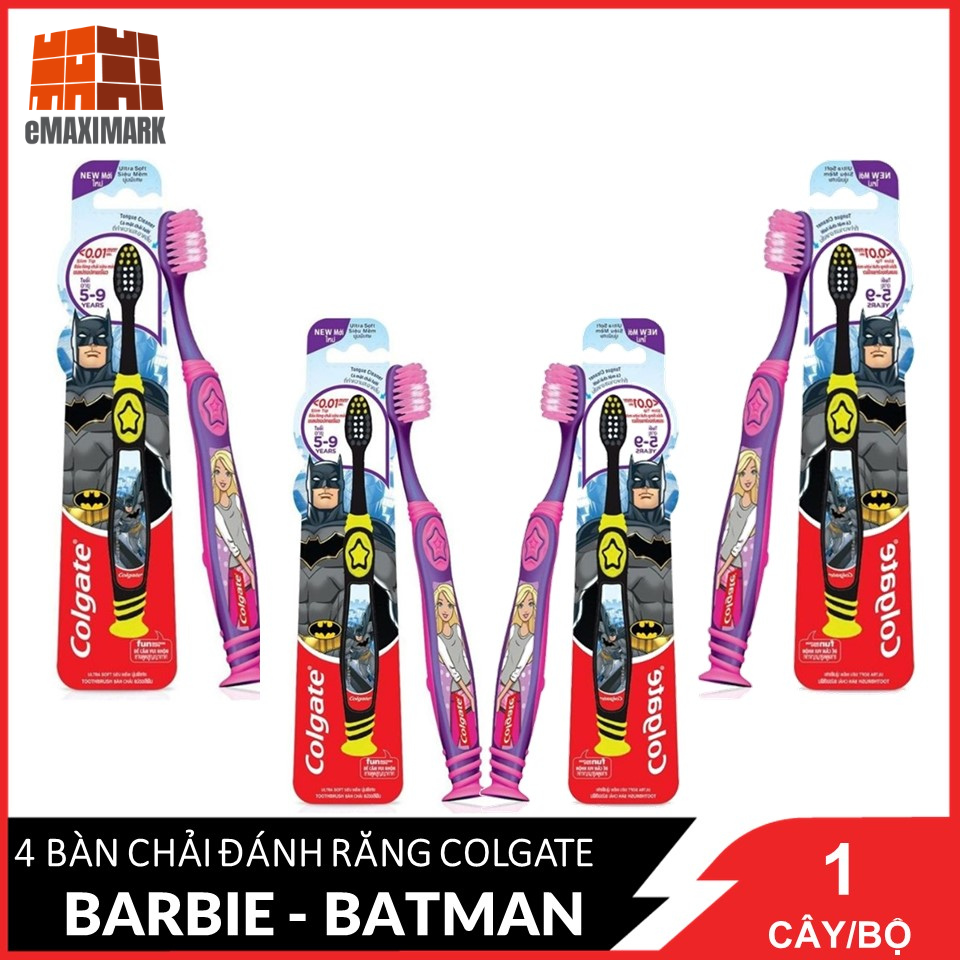 COMBO 4 Bàn chải đánh răng Colgate Trẻ em Smile 5 - 9 Tuổi BarbieBatman Bộ 4 cây - Màu giao ngẫu nhiên