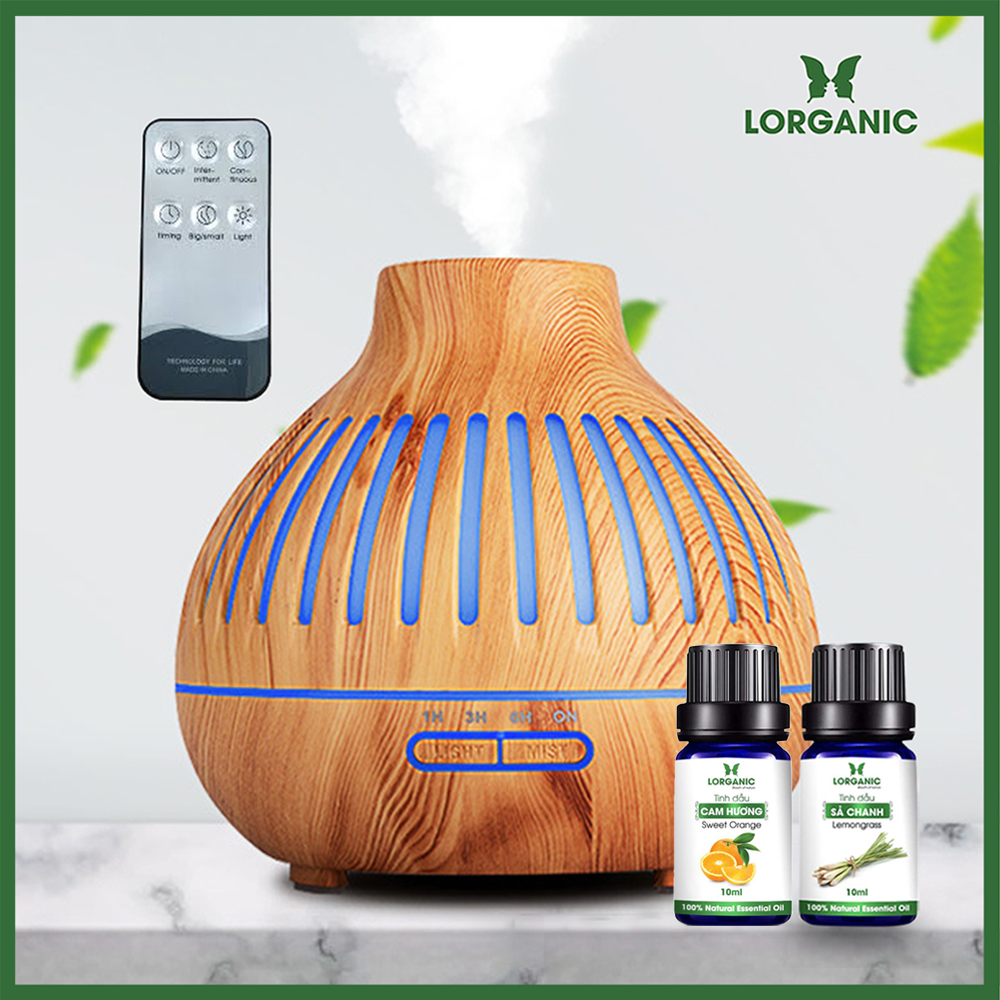 Combo máy khuếch tán/ máy xông tinh dầu núi lửa + tinh dầu sả chanh + tinh dầu cam Lorganic