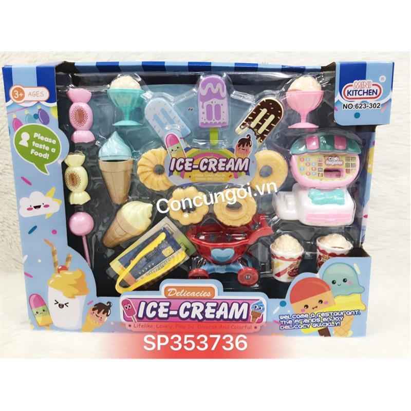 HỘP BẾP MÁY TÍNH TIỀN SIÊU THỊ + XE ĐẨY + KEM, KẸO, BÁNH Ice-Cream, 623-302 -SP353736