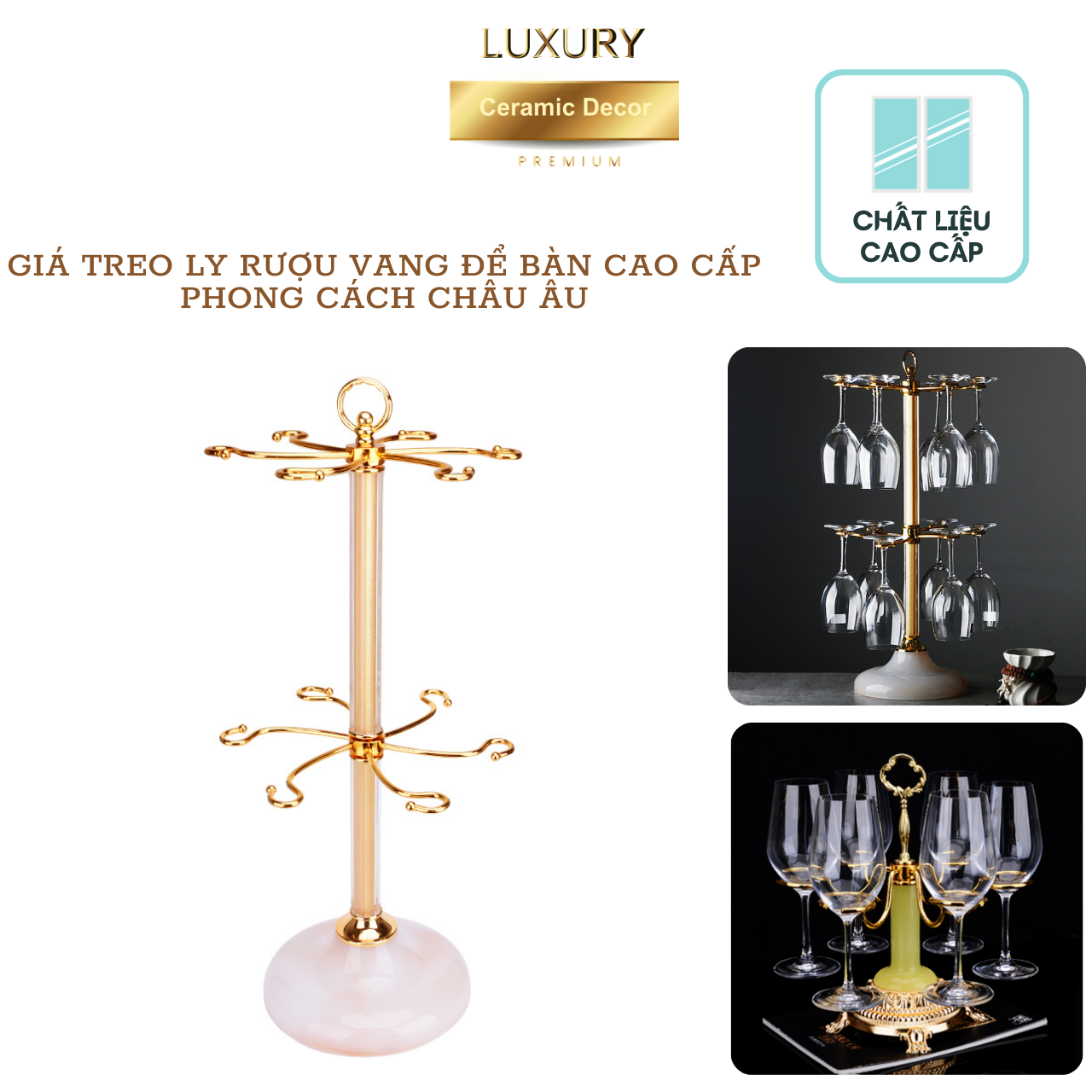Giá Treo Ly Rượu Vang 2 Tầng Hợp Kim Mạ Vàng Tĩnh Điện Cao Cấp - Hàng Nhập Khẩu