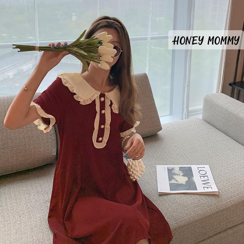 Váy Bầu Hè Ngắn Tay Cổ Sen Phối Tay Bèo Váy Bầu Thời Trang HD2613 Honey Mommy