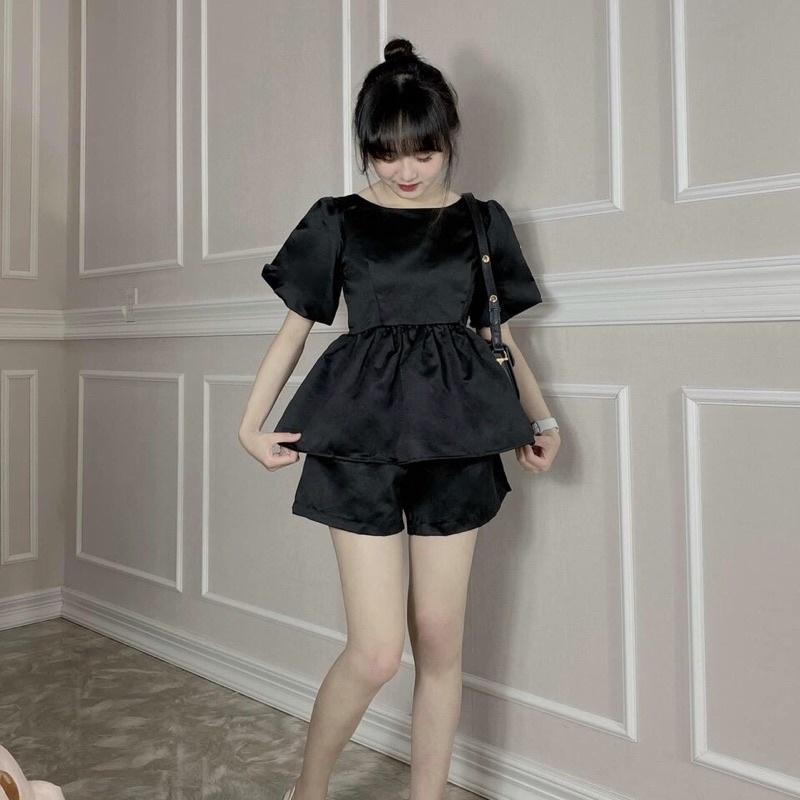Sét Babydoll Nơ Kem Áo Tay Bồng Siêu Xinhh