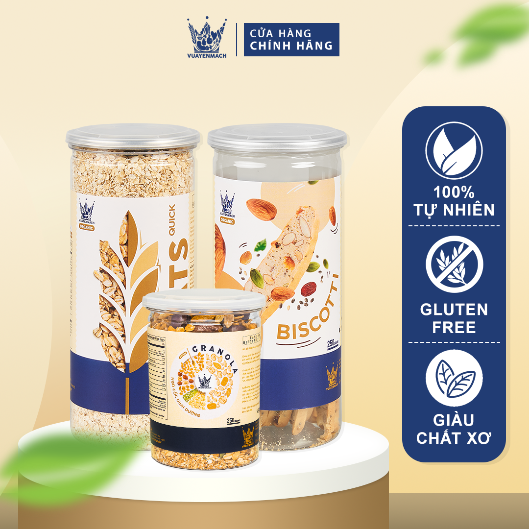 Ngũ cốc dinh dưỡng Granola 250gr + Yến Mạch 500gr + Bánh Biscotti Original Vua Yến Mạch 250gr