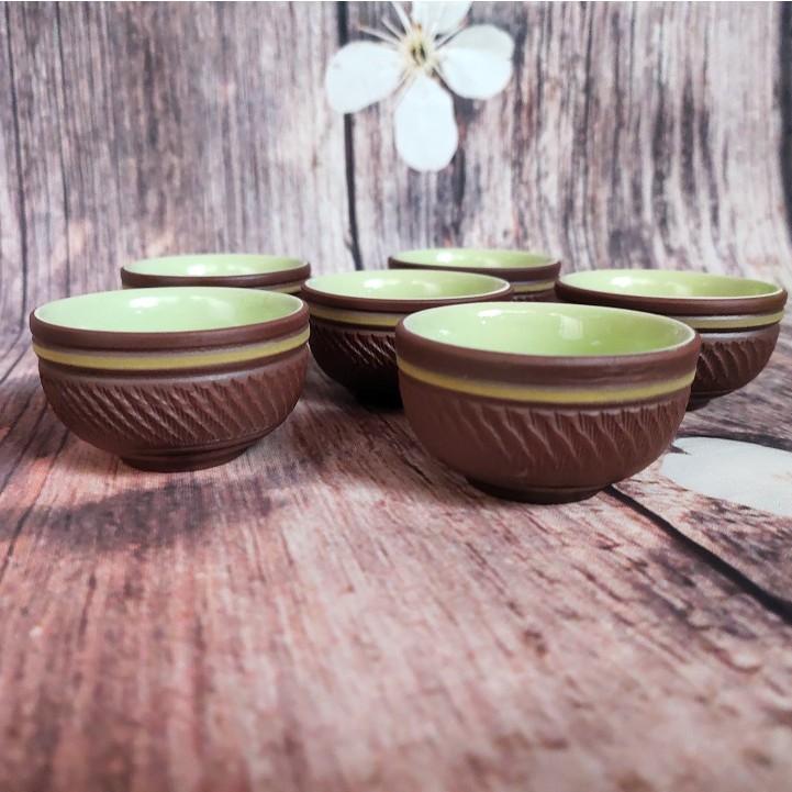 Bộ 6 chén gốm tử sa kẻ chỉ vàng cỡ vừa cao 4 cm có đĩa lót