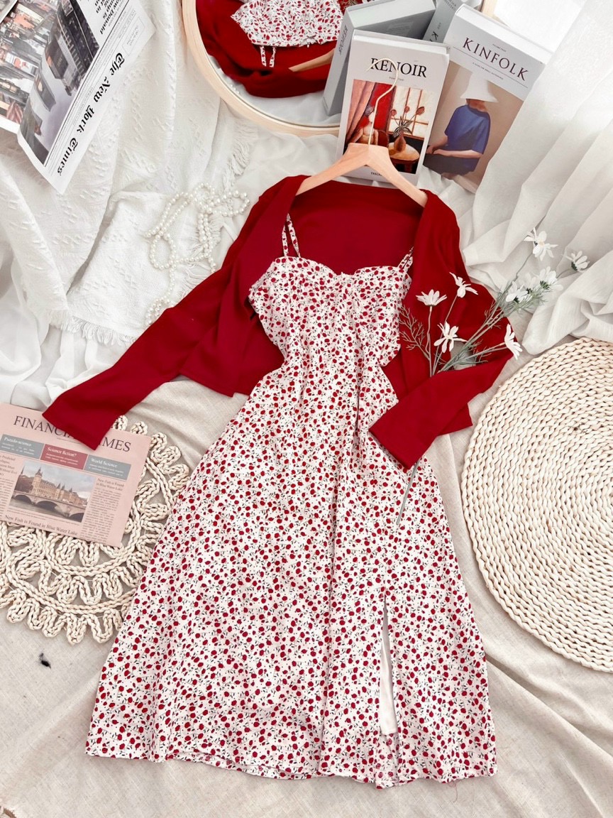 Set đầm 2 dây hoa nhí vai nơ kèm áo khoác cardigan đỏ