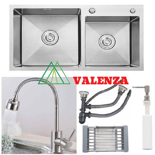 Combo chậu rửa chén bát inox Valenza 7843 hố lệch, vòi rửa bát inox nóng lạnh Lò xo, rá inox, bình xà phòng, bộ xả chậu