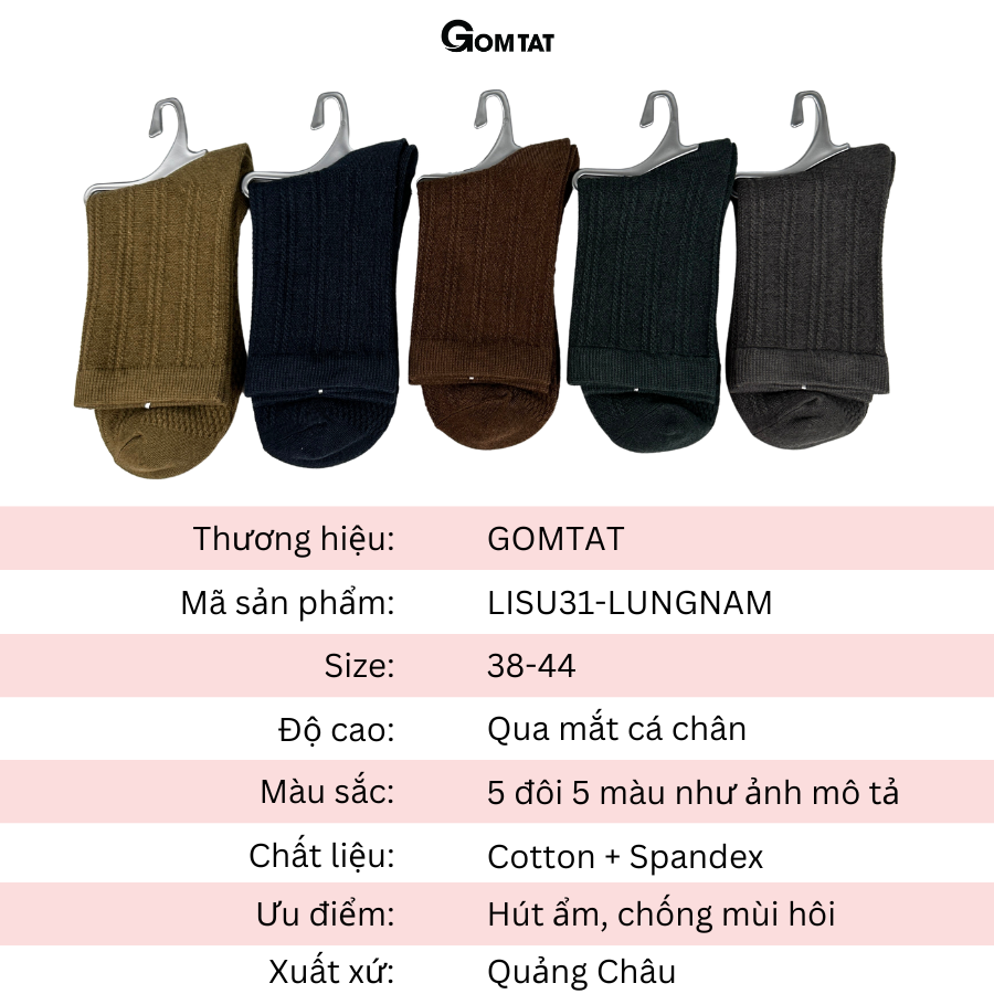 Set 5 đôi tất nam cổ trung họa tiết gân chìm, vớ cổ lửng nam chất liệu cao cấp, êm mềm thoáng khí - LISU31-LUNGNAM